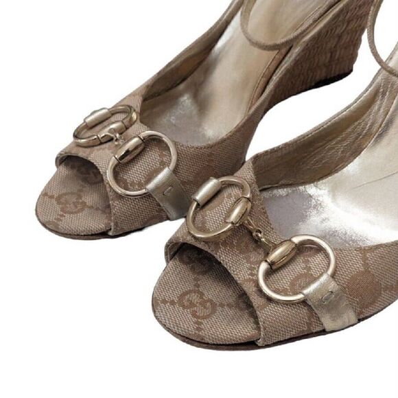 Gucci Gold Wedge Horsebit Espadrille Sandal Carolina Platform Beige 6.5B - Picture 2 of 8